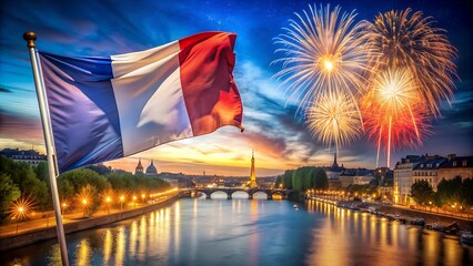 Bastille Day Fireworks Over City River. Perfect for: Bastille Day celebrations, French national holidays, Event promotions, social media posts, travel advertisements.