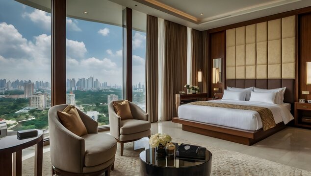 Luxury bedroom suite in resort high rise hotel with working table