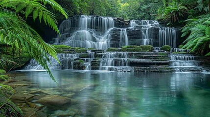 A serene waterfall cascading into a crystal-clear pool surrounded by lush greenery, creating a tranquil natural oasis. Minimal and Simple,
