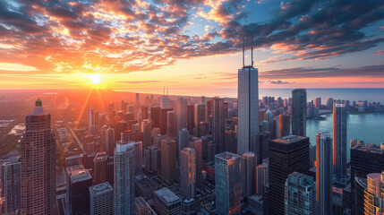 A city skyline with a large building in the middle