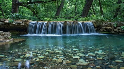 A serene waterfall cascading into a crystal-clear pool surrounded by lush greenery, creating a tranquil natural oasis. Minimal and Simple,