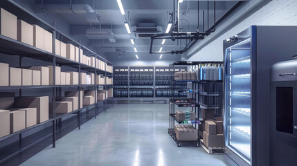 An industrial refrigerated room with shelves stacked high with boxes, showcasing the efficient organization of a food storage facility