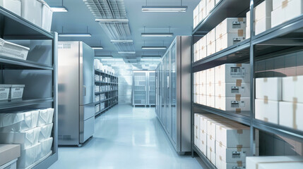 A view down the aisle of a large industrial refrigerated room, showcasing rows of shelves stacked with white boxes, presumably holding frozen food products
