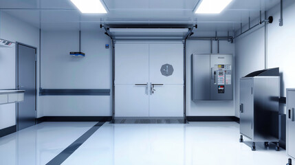 A sterile, well-lit industrial refrigerated room with a large double door leading into a freezer. The space is designed for efficient food storage