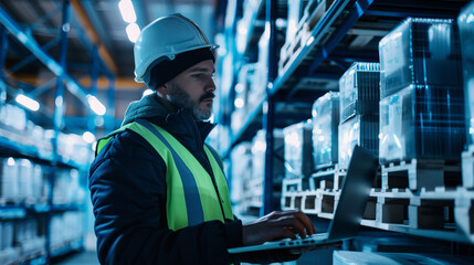 A worker in a cold storage facility checks inventory on a laptop