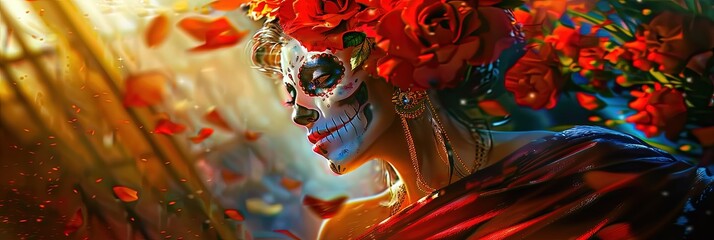 Fototapeta premium Calavera, floral, colorful, --ar 3:1 --sref 906 Job ID: 2c47256b-27be-4b3d-b744-bfa2ade8630e