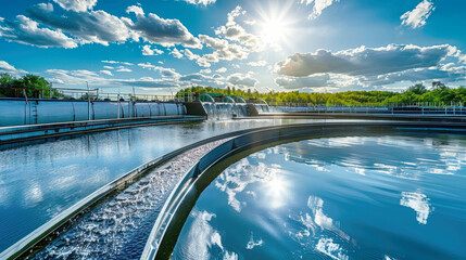 A water treatment plant under a captivating blue sky and fluffy clouds, diligently cleaning drains for a sustainable ecology