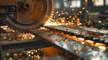 A metal cutting machine in a factory grinds a metal product, producing a shower of sparks in a symphony of industrial activity