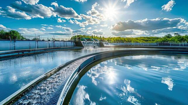 A water treatment plant under a captivating blue sky and fluffy clouds, diligently cleaning drains for a sustainable ecology