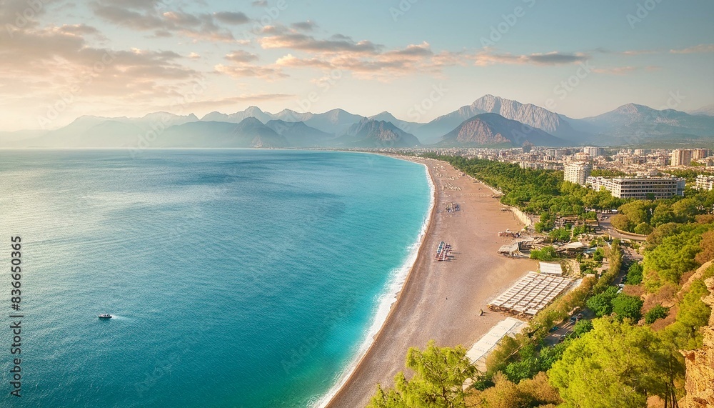 Wall mural beautiful wide panorama of beach in Turkish resort Antalya. White line surf separates calm turquoise sea and Konyaalti beach with green parks and chain mountains in rays of evening sun at sunset