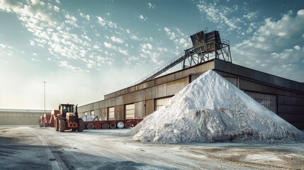 A massive pile of salt sits in front of a bustling factory producing potent potash fertilizers from mineral mining and processing