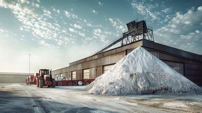 A massive pile of salt sits in front of a bustling factory producing potent potash fertilizers from mineral mining and processing