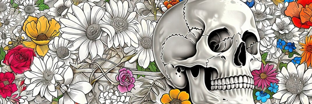 Calavera, floral, colorful, --ar 3:1 --sref 918 Job ID: 9e3568ab-ee78-485a-9892-4bfbc497b813