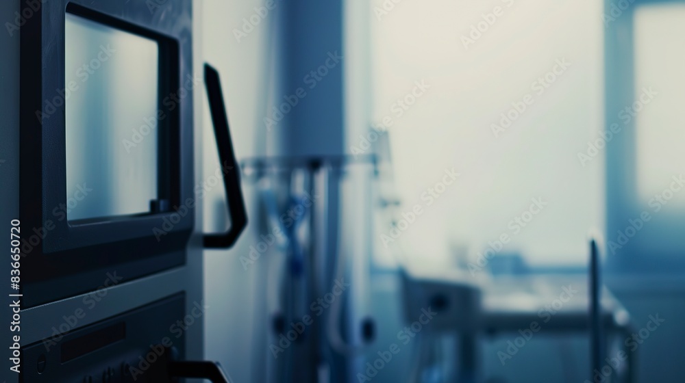 Wall mural Close-up of a remote patient monitoring system, foggy, deserted, soft focus, early morning light