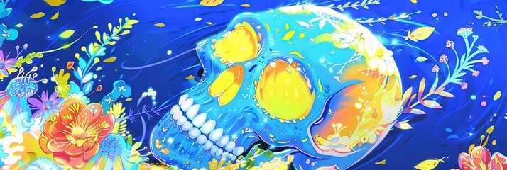 Calavera, floral, colorful, --ar 3:1 --sref 921 Job ID: cc1beaef-2868-45a8-9021-231a0afde5b4