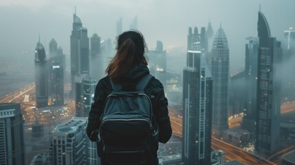 A woman wearing a yellow jacket and a backpack stands on a rooftop, looking down at the modern luxury of city below. success concept