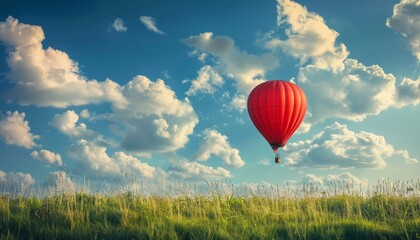 Fototapeta premium Crimson Ascension: The Stunning Sight of a Red Hot-Air Balloon Soaring in the Summer Sky