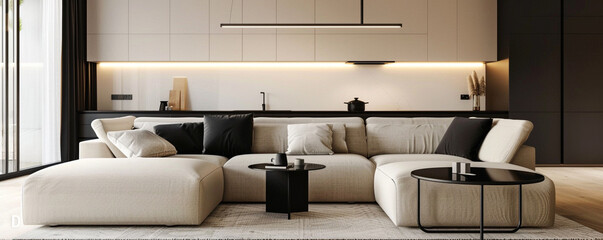Modern minimalist living room with a beige sofa and black accents.