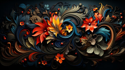 Modern abstract damask design with bold hues and detailed motifs, featuring flat texture and a contemporary illustration style.