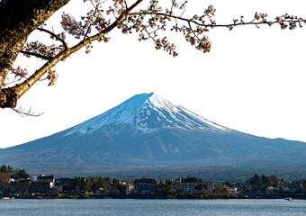 Fuji Mountain in Japan, snow capped peak in Spring isolated on white transparent 