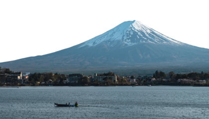 Fuji Mountain in Japan, snow capped peak in Spring isolated on white transparent 