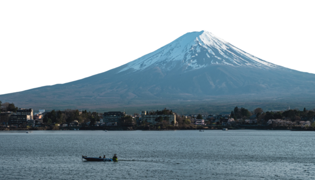 Fuji Mountain in Japan, snow capped peak in Spring isolated on white transparent 