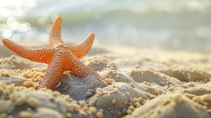  A serene tropical beach scene with a cluster of colorful starfish scattered across the sand, 