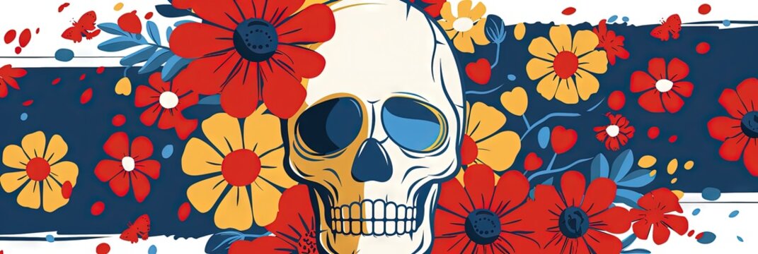 Calavera, floral, colorful, --ar 3:1 --sref 943 Job ID: 6bf0dbdd-c3b8-4600-9665-4b19e5f2c51e