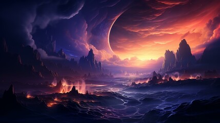 Fototapeta premium Vibrant space nebula illustration with bold lines and dynamic shapes, showcasing high detail and flat texture.