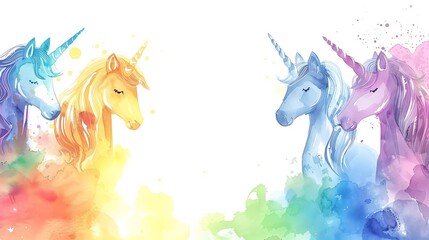 Watercolor rainbow unicorns border