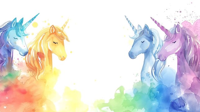 Watercolor rainbow unicorns border