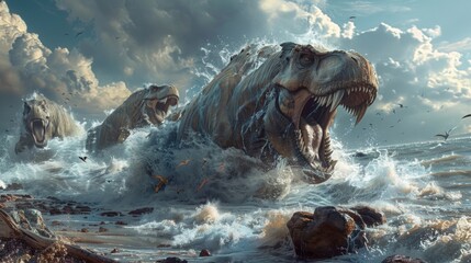 A rocky beach with powerful waves transforming into prehistoric creatures like dinosaurs, mammoths,...