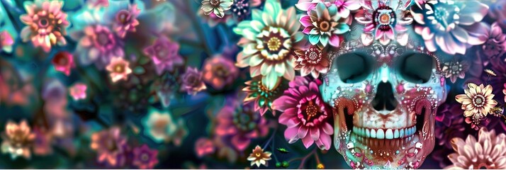 Fototapeta premium Calavera, floral, colorful, --ar 3:1 --sref 970 Job ID: d3ed917b-9a47-4df2-95bc-c558dcbe0352