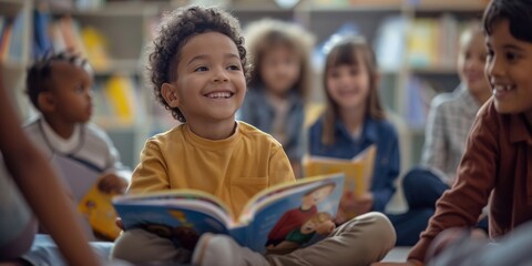 A group of children sitting on the floor, smiling and reading books together in an early childhood education center - Powered by Adobe