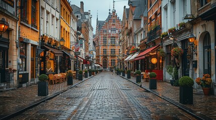 Obraz premium A historic city center with cobblestone streets, charming old buildings, and bustling cafes, highlighting the blend of history and modernity. Minimal and Simple,
