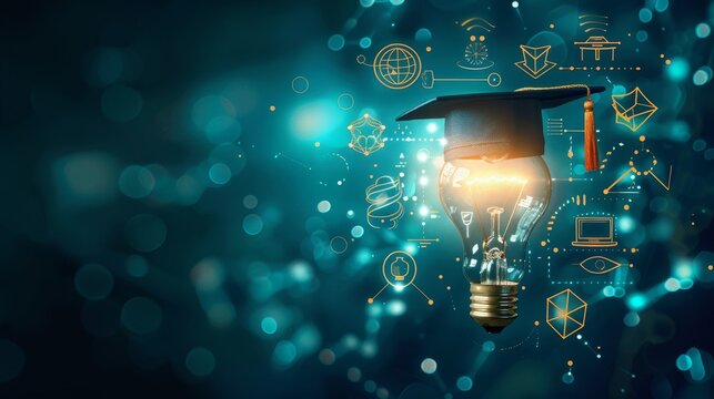Education and Learning: A 3D vector illustration of a lightbulb with a graduation cap