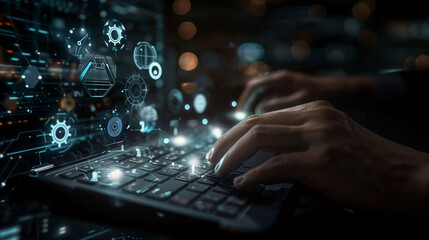 Hands Typing on Keyboard with Futuristic Holograms