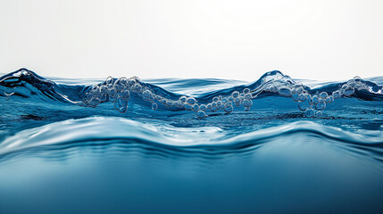 Blue water smooth line surface, side view ,See clearly through the opposite side ,no air bubbles inside ,on white background.