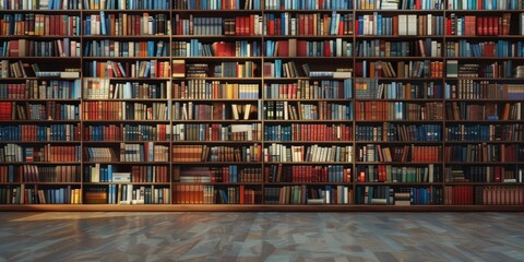 A large library with many bookshelves filled with various colored and sized books