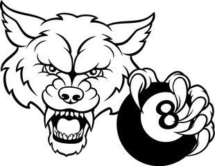 Obraz premium A wolf angry mean pool billiards mascot cartoon character holding a black 8 ball.