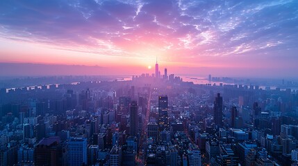 Fototapeta premium A panoramic view of a city skyline at dawn with the first light of day illuminating the tallest buildings and casting long shadows. Minimal and Simple,