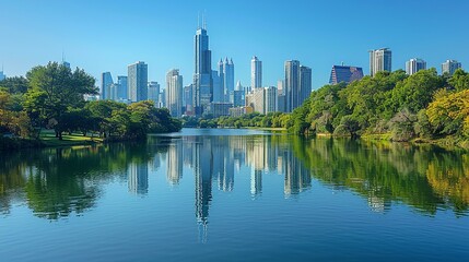 Fototapeta premium A panoramic view of a city skyline reflected in a calm river or lake, creating a mirror image of the urban landscape. Minimal and Simple,