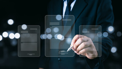 Electronic signature business concept. Businessman signs an electronic document, business approved,...