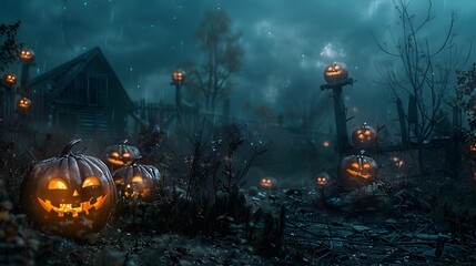Halloween night with pumpkins and scary jack o lanterns on the background of an old village