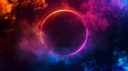 Abstract neon ring frame with glowing fire and smoke, blue pink light effect on black background