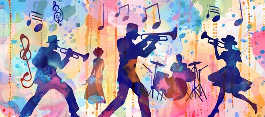 A vibrant watercolor illustration of musical notes and instruments
