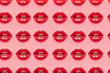 Red lips pattern on pink background with glossy, realistic detai