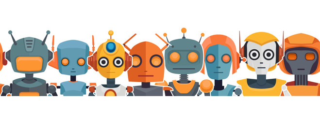 Child cheerful horizontal banner with bright cartoon robots isolated from background. Childish flat frieze with various cyborg toys for frames, brush samples and dividers.