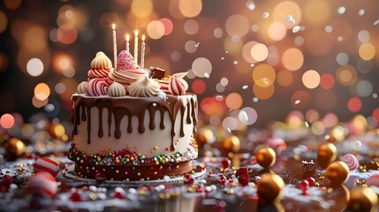 Christmas cake birthday decoration with colorful sweet and candle, topped with chocolate, happy festival confetti background. 3d modern digital art illustration holiday anniversary graduation party.