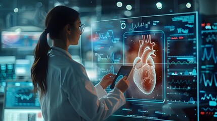 Doctor medical surgeon using augmented reality 3D graphic user Interface, holographic data of human heart anatomy, Innovative futuristic advanced medical science technology, virtual health research
